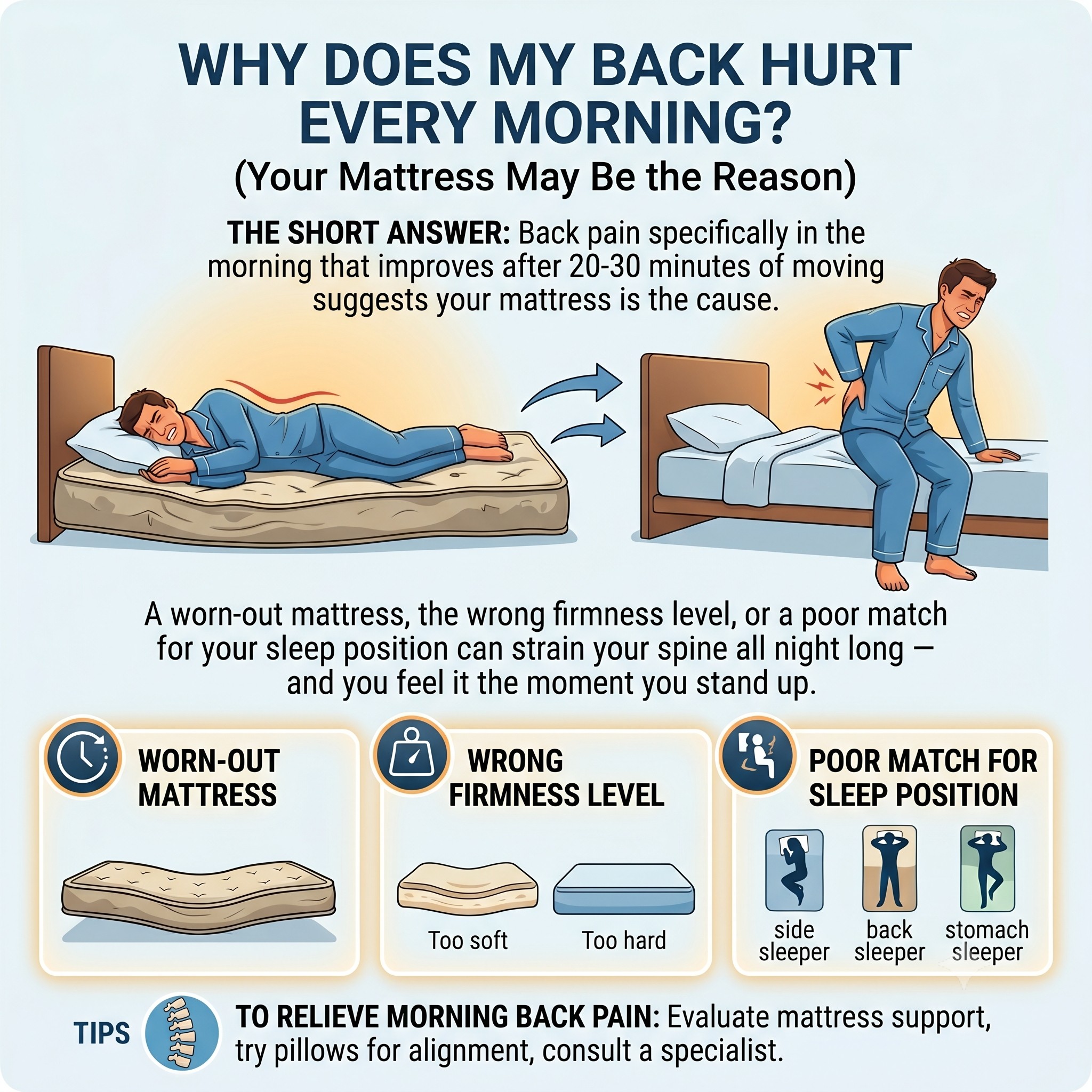 If your back hurts specifically in the morning and feels better after you've been up and moving for 20–30 minutes, your mattress is very likely the cause.