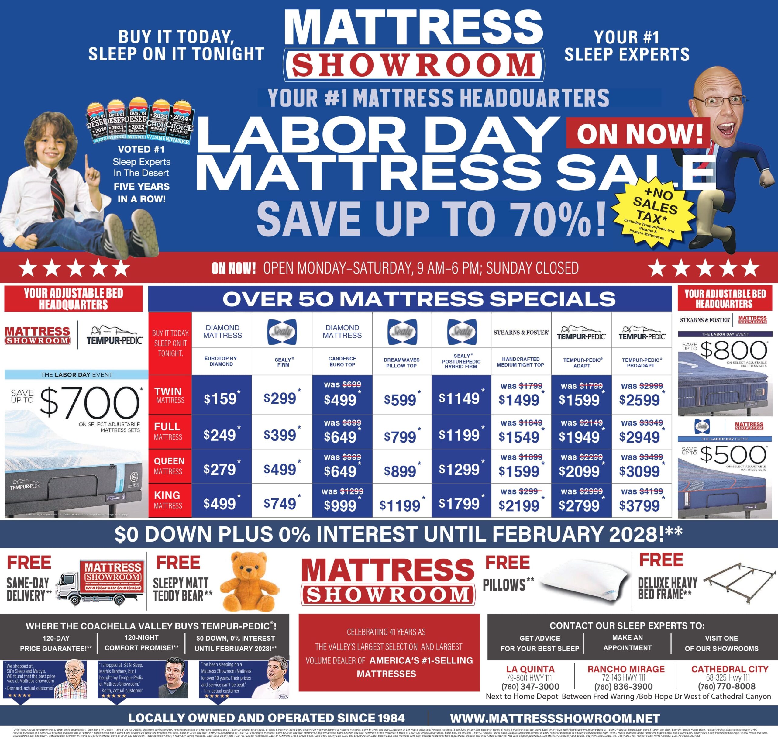 Bright blue Mattress Showroom banner advertising a Labor Day sale with large white text and a right-side character image.
