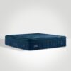 Blue Stearns & Foster mattress with quilted top and green piping, displayed on a white backdrop