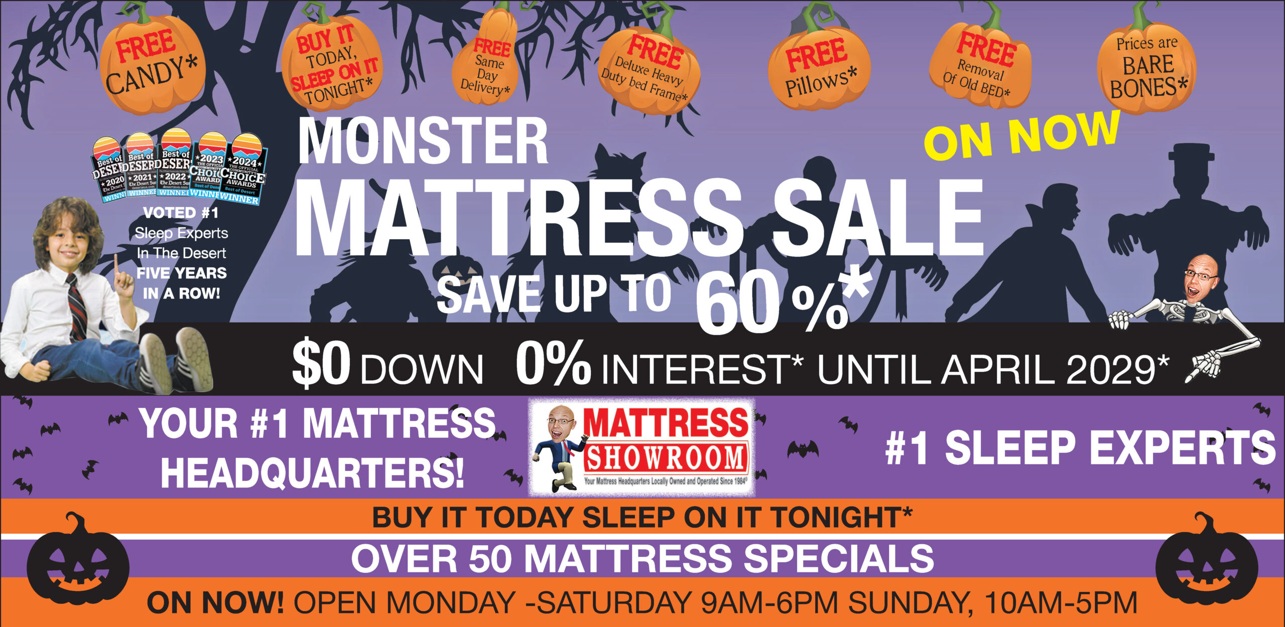 Halloween-themed banner advertising a mattress sale with pumpkins, silhouettes, and bold text like 'Monster Mattress Sale' and 'Save up to 60%'.